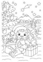 A cute tiger cub opens a present under the Christmas tree. Coloring book page for kids. Cartoon style character. Vector illustration isolated on white background.