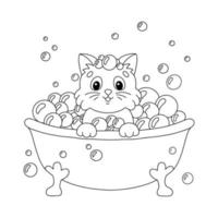 A cute kitten sits in a bubble bath. Coloring book page for kids. Cartoon style character. Vector illustration isolated on white background.