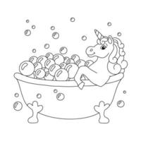Magic fairy unicorn in bath. Cute horse. Coloring book page for kids. Cartoon style character. Vector illustration isolated on white background.