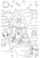 A cute snowman stands at the Christmas house. Coloring book page for kids. Cartoon style character. Vector illustration isolated on white background.