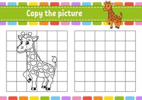 Giraffe animal. Copy the picture. Coloring book pages for kids. Education developing worksheet. Game for children. Handwriting practice. Coon character. vector