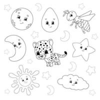 Set of stickers with cute cartoon characters. Coloring book for kids. Hand drawn. Vector illustration. Patch badges collection. Label design elements. For daily planner, diary, organizer.