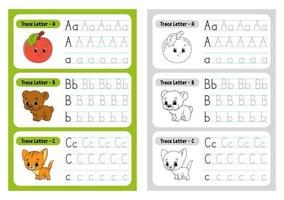 Writing letters. Tracing page. Practice sheet. Worksheet for kids. Exercise for preschools. Learn alphabet. Cute characters. Vector illustration. Cartoon style.