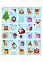 Christmas advent calendar with cute characters. Santa claus, deer, snowman, fir tree, snowflake, gift, bauble, sock. Cartoon style. With numbers 1 to 25. Vector illustration. Holiday preparation.