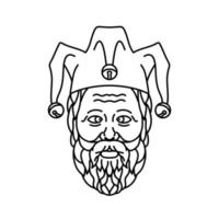 Cabeza de bufón de la corte viejo bizco o tonto con barba ilustración de línea mono en blanco y negro vector