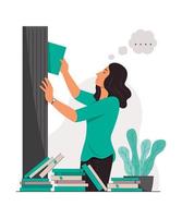 Woman Pick Out a Book from Book Shelf. vector
