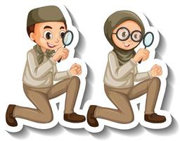 Couple muslim kids wear safari outfit cartoon character sticker vector