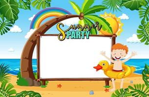 Empty banner board in the beach scene with cartoon character vector