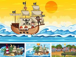 Conjunto de diferentes escenas con barco pirata en el mar y animales en el zoológico. vector