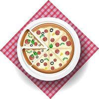 Top view of cheese salami pizza on tablecloth vector