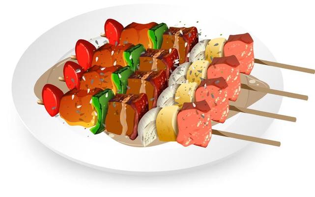 Grilled barbecue meat stick on white plate