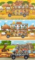 Set of different safari horizontal scenes with animals and kids cartoon character vector