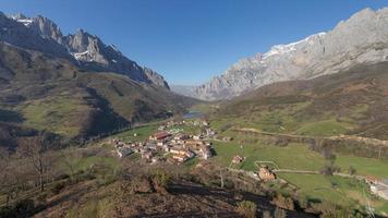 Panoramic view of the town of Posada de Valdeon and the Cares river valley from the viewpoint of the cross, Picos de Europa National Park, Castilla y Leon, Spain.