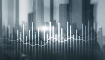 Histogram and lines economic chart on modern architecture background photo