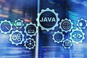 Java Programming concept. Virtual machine. On server room background