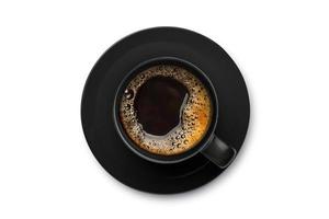 Vista superior del café caliente en taza negra