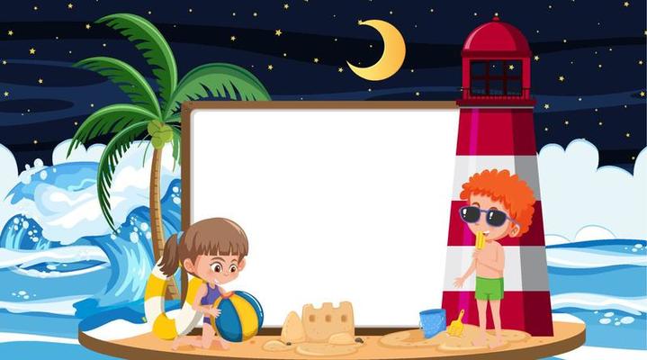 Kids on vacation at the beach night scene with an empty banner template