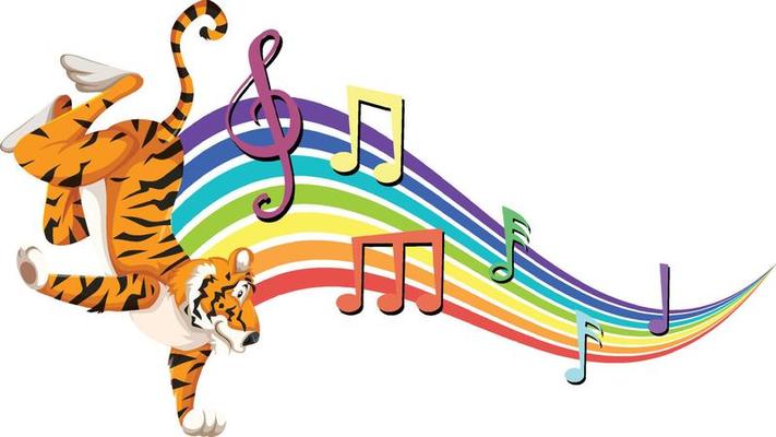 Tiger dancing with melody symbols on rainbow