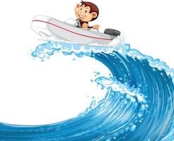 mono feliz conduciendo un barco en las olas del océano vector