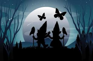 Silhouette gnomes with full moon background vector