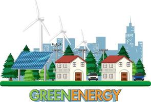 Energía verde generada por turbinas eólicas y paneles solares.