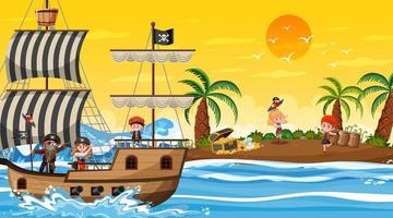 escena de la isla del tesoro al atardecer con niños piratas vector