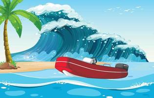 Beach scene with dinghy boat on sea wave vector