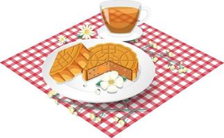 Salted egg yolk mooncake with teacup set on tablecloth vector