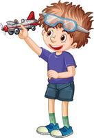 A boy wears glasses playing airplane toy vector