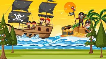 Escena del océano al atardecer con niños piratas en el barco. vector