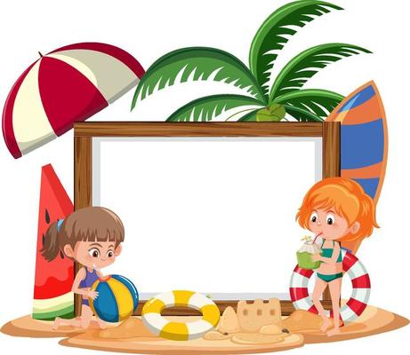 Empty banner template with kids character on summer vacation at the beach on white background