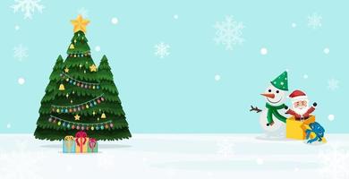 Christmas tree and cute santa claus with snow falling background vector