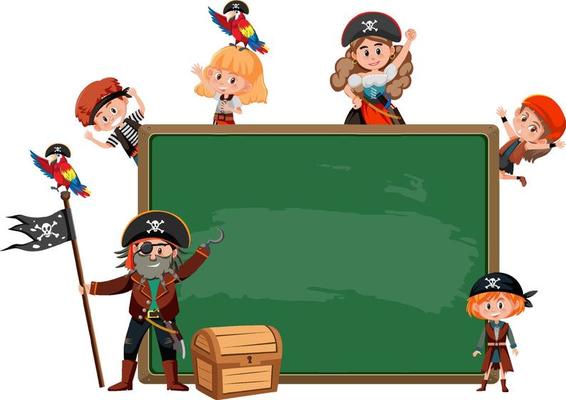 Empty blackboard with many pirate kids cartoon character