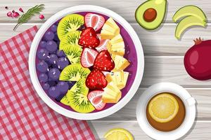 Top view of fruit salad on wooden table vector