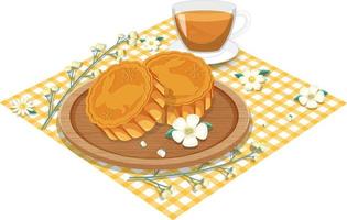 Rabbit mooncake with teacup set on tablecloth vector