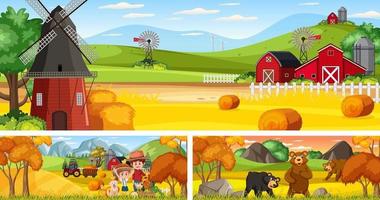 Outdoor panoramic landscape scenes set with cartoon character vector