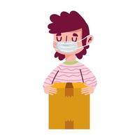man with medical mask and cardboard box delivery online shopping covid 19 vector
