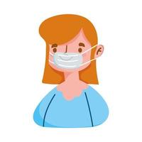 young woman cartoon character with medical mask covid 19 isolated icon vector