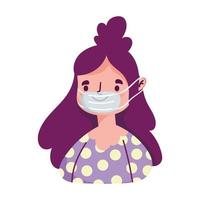 young woman cartoon character with medical mask covid 19 isolated icon vector