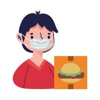 young man with mask food menu online shopping vector