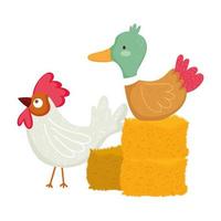 animales de granja, pato, y, gallo, pila, de, heno, y, árbol vector