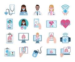 online doctor, physician technology consultant medical icons set, flat style icon vector