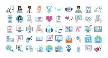 médico en línea, médico consultor de tecnología conjunto de iconos médicos, icono de estilo plano vector