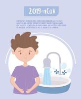 covid 19 quarantine, boy with bathroom sink vector