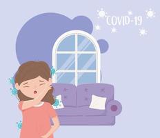 covid 19 quarantine, coughing woman patient in living room vector