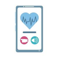 médico en línea, teléfono inteligente, videollamada, consultor de tratamiento cardíaco, médico, icono de estilo plano vector