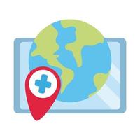 médico en línea, consultor mundial de tabletas médicas covid 19, ícono de estilo plano vector