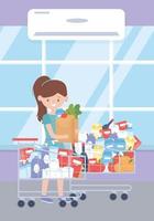 smiling customer woman with paper bag and carts filled merchandise food excess purchase vector