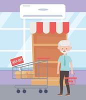 old man with empty basket cart market shelf excess food purchase vector