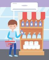 young with basket buying cleaning products in excess purchase vector